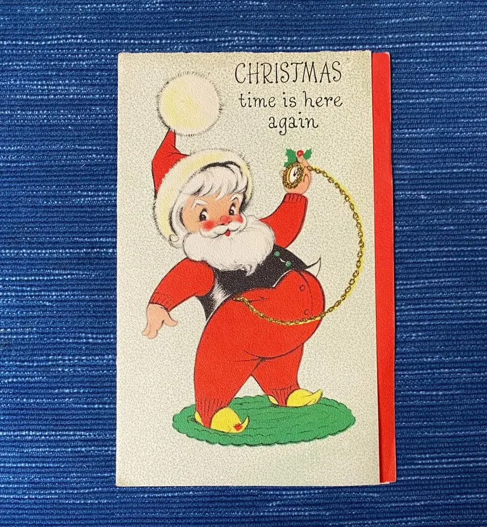 Vintage MCM Christmas Time Here Greeting Card Pocket Watch Gold Glitter 38B